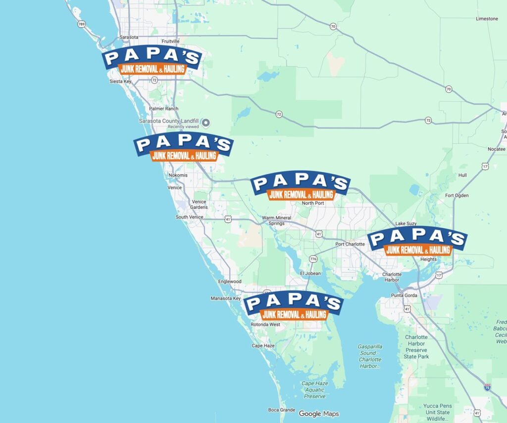 Map showing the locations that Papa's Junk serves. It includes North Port, Port Charlotte, Venice and Sarasota areas.