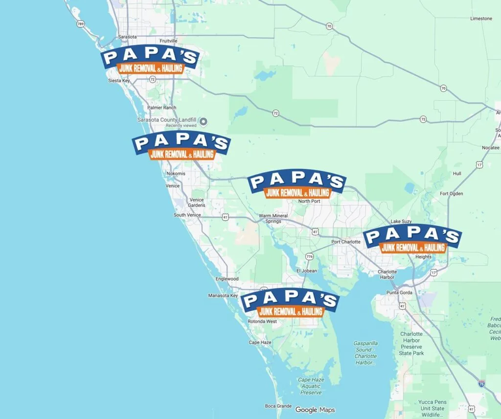 Map showing the locations that Papa's Junk serves. It includes North Port, Port Charlotte, Venice and Sarasota areas.