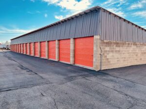 Storage Unit Building With Multiple Units With Orange Doors